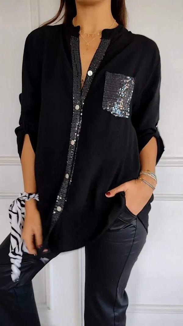 🔥2024 HOT SALE🔥 Cotton V-neck Sequin Mid-sleeve Casual Top