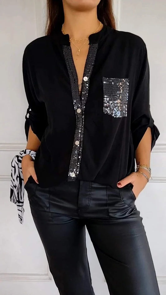 🔥2024 HOT SALE🔥 Cotton V-neck Sequin Mid-sleeve Casual Top