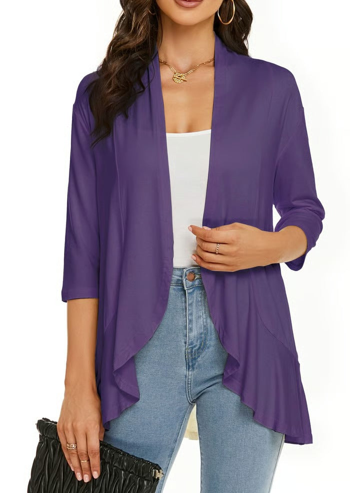 Women Cardigan Open Front 3/4 Sleeves Lightweight Cardigan Draped Ruffles Cardigan