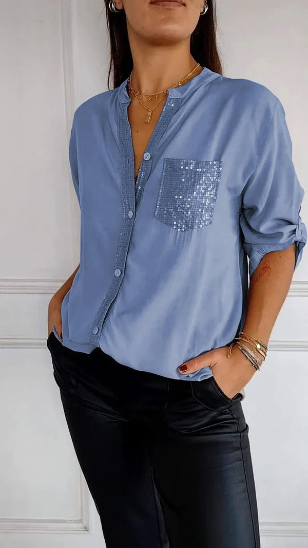 🔥2024 HOT SALE🔥 Cotton V-neck Sequin Mid-sleeve Casual Top