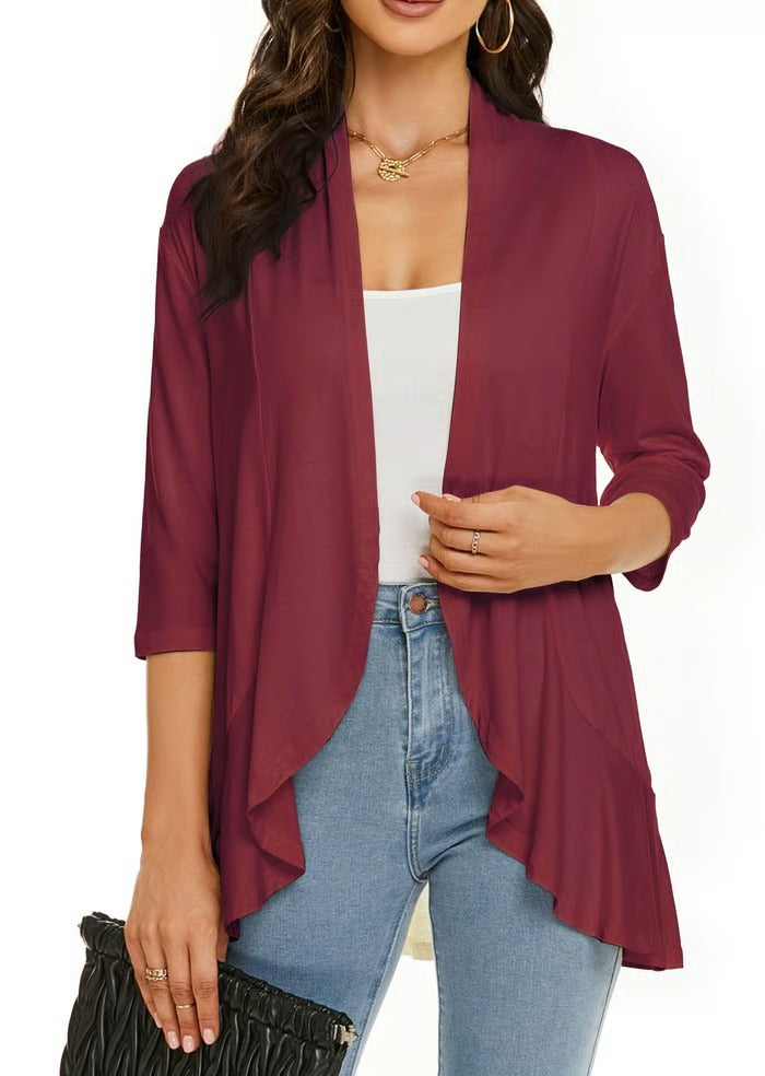 Women Cardigan Open Front 3/4 Sleeves Lightweight Cardigan Draped Ruffles Cardigan