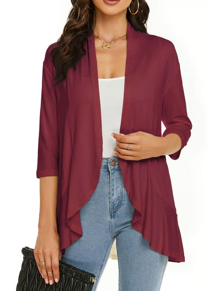 Women Cardigan Open Front 3/4 Sleeves Lightweight Cardigan Draped Ruffles Cardigan