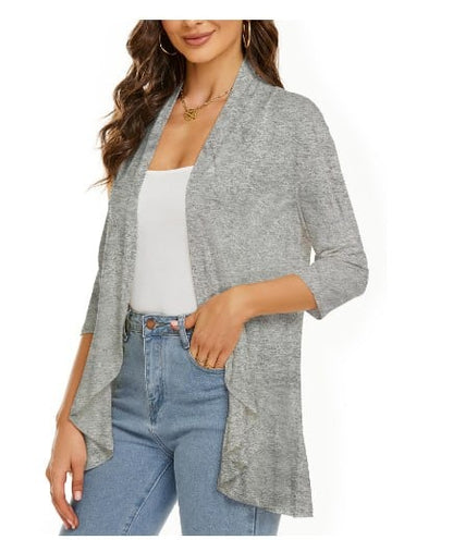 Women Cardigan Open Front 3/4 Sleeves Lightweight Cardigan Draped Ruffles Cardigan