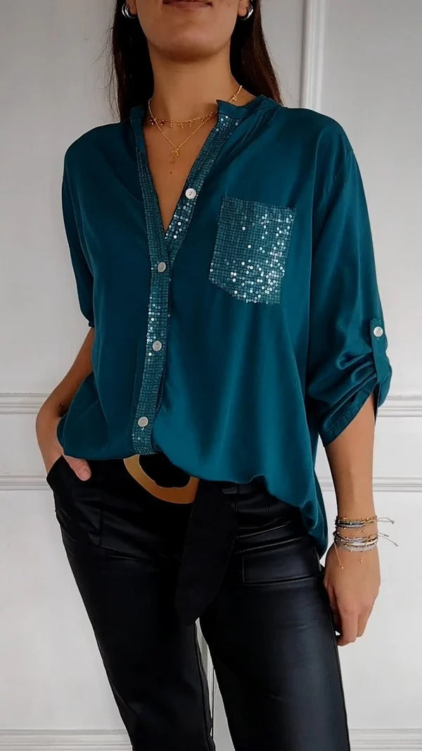 🔥2024 HOT SALE🔥 Cotton V-neck Sequin Mid-sleeve Casual Top