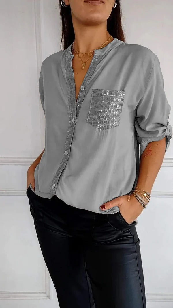 🔥2024 HOT SALE🔥 Cotton V-neck Sequin Mid-sleeve Casual Top