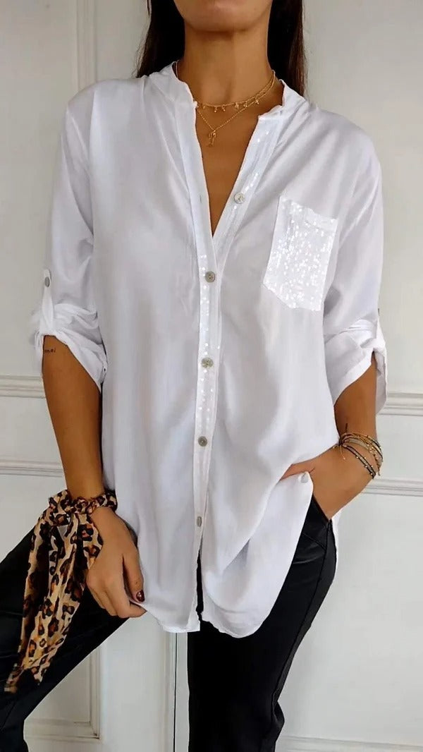 🔥2024 HOT SALE🔥 Cotton V-neck Sequin Mid-sleeve Casual Top